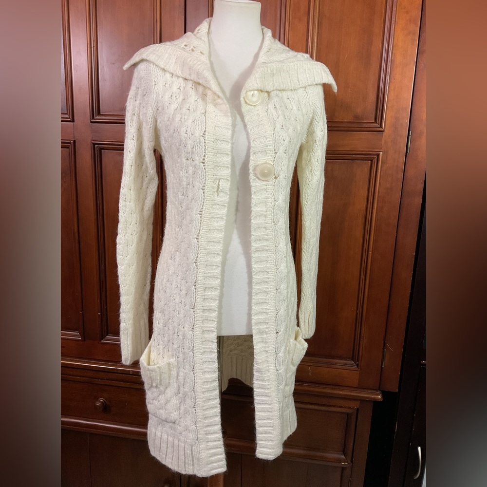 Caslon Ivory Cable Knit Long Cardigan with Collar
